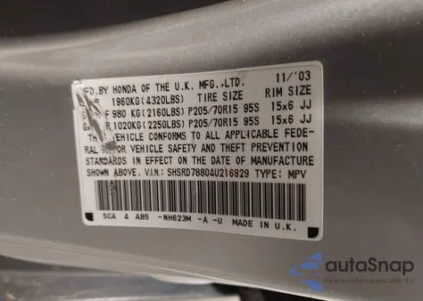 2004 Honda Cr-V Ex z USA, uszkodzony, nr VIN SHSRD78804U216929